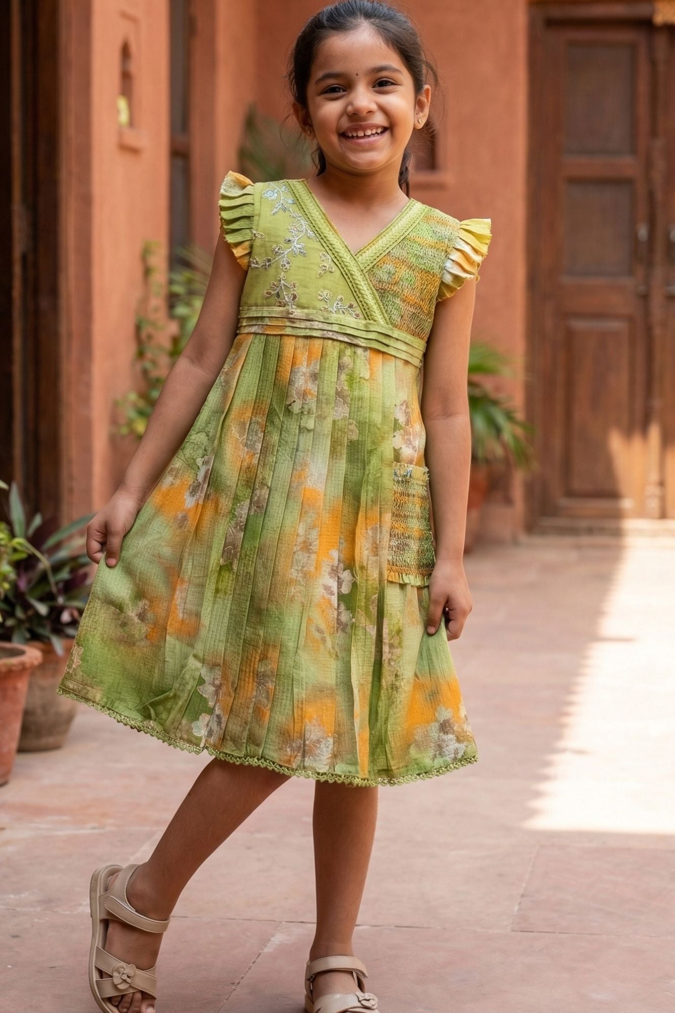 Olive Green Floral Pleated Frock For Girls