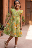 Olive Green Floral Pleated Frock For Girls