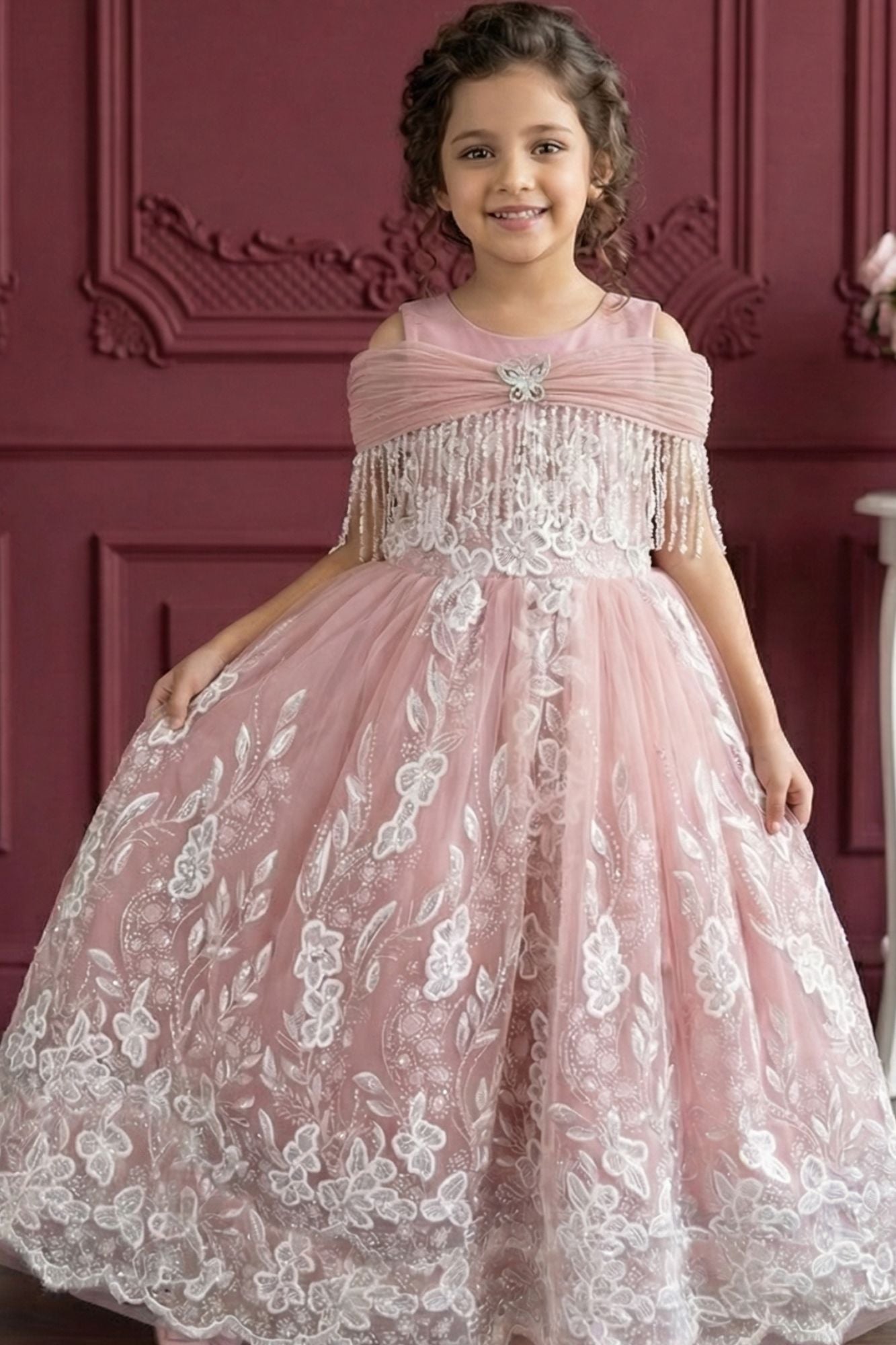 Peach Embroidered Off-Shoulder Princess Ball Gown For Girls