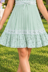 Girls Mint Green Floral Lace Halter Neck Pleated Dress