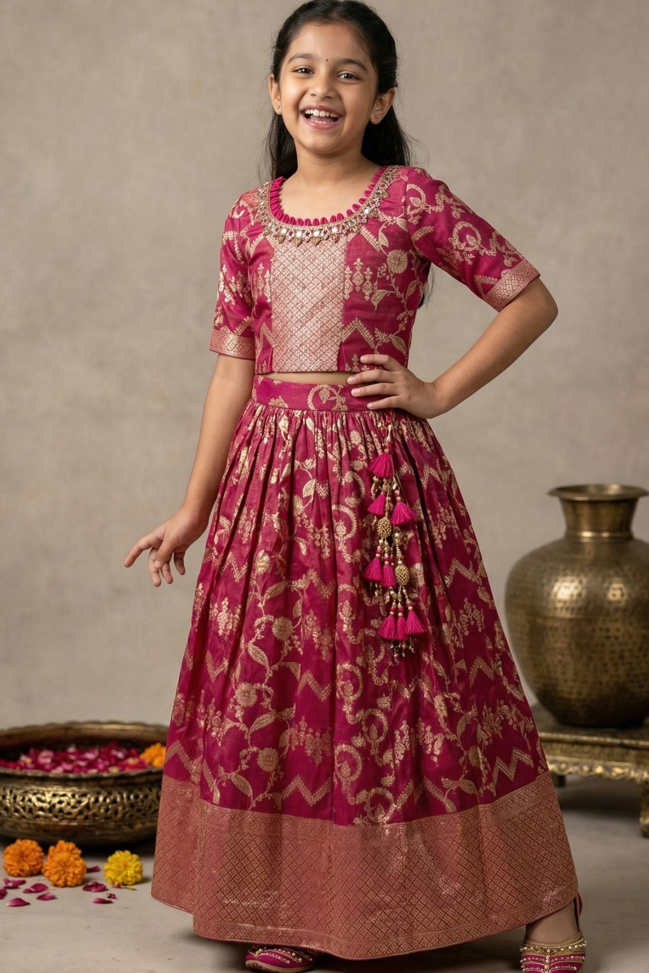 Rani Pink Embroidered Lehenga Choli with Dupatta For Girls