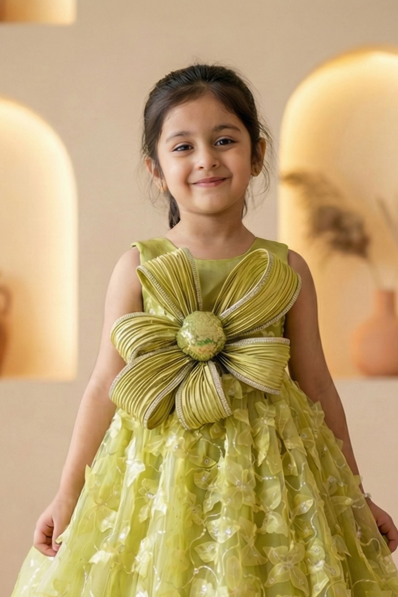 Girls Green Floral  Party Gown with Statement Bow