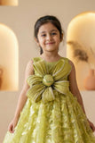 Girls Green Floral  Party Gown with Statement Bow