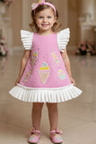 Baby Pink Ice Cream Appliqué Party Wear Frock with Pleated Ruffle Sleeves For Girls