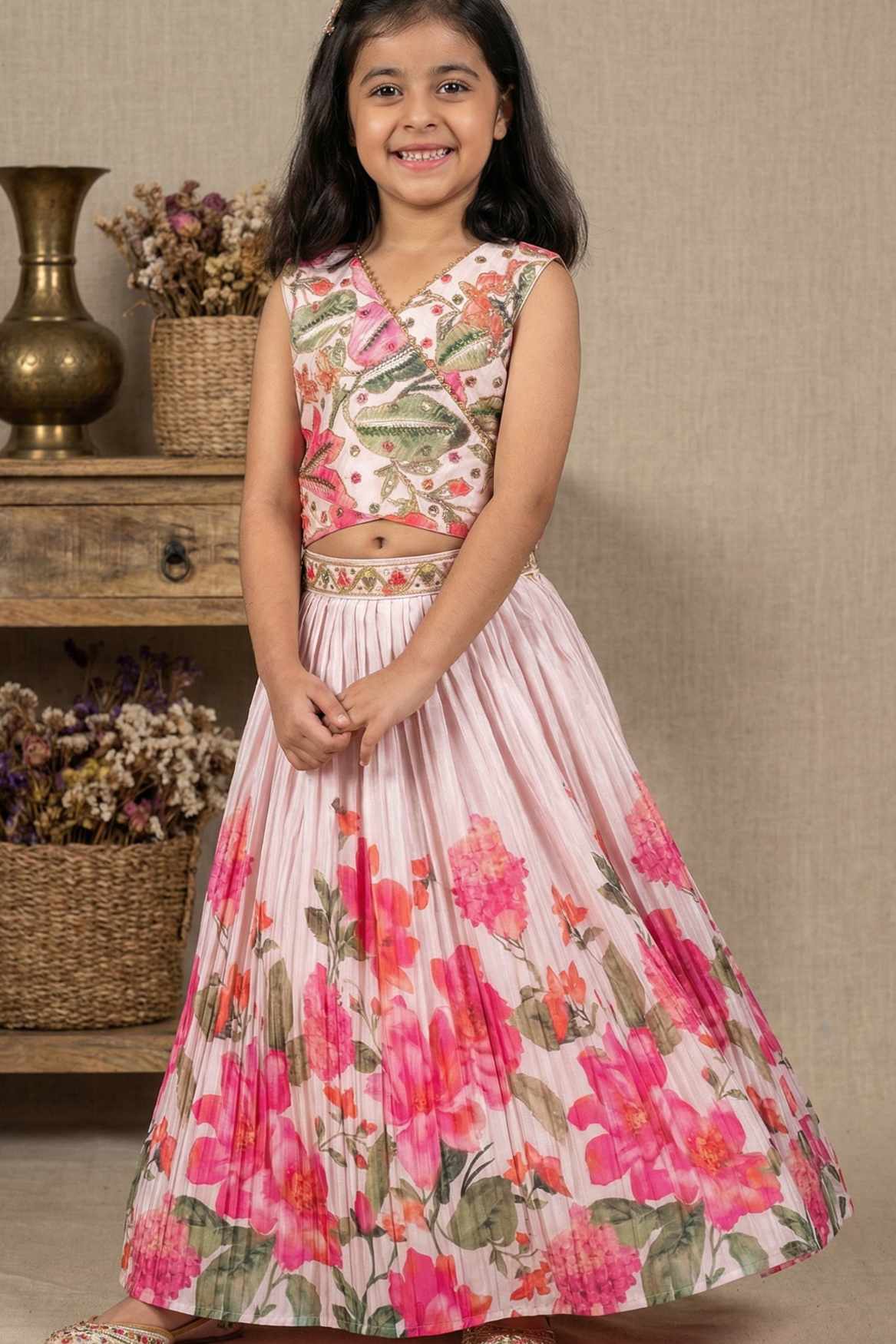 Pink Floral Embroidered Lehenga Choli Set For Girls