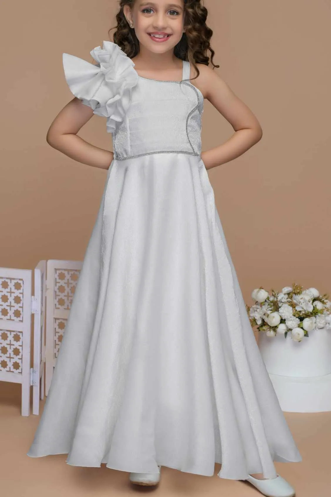 White One-Shoulder Party Wear Gown For Girls