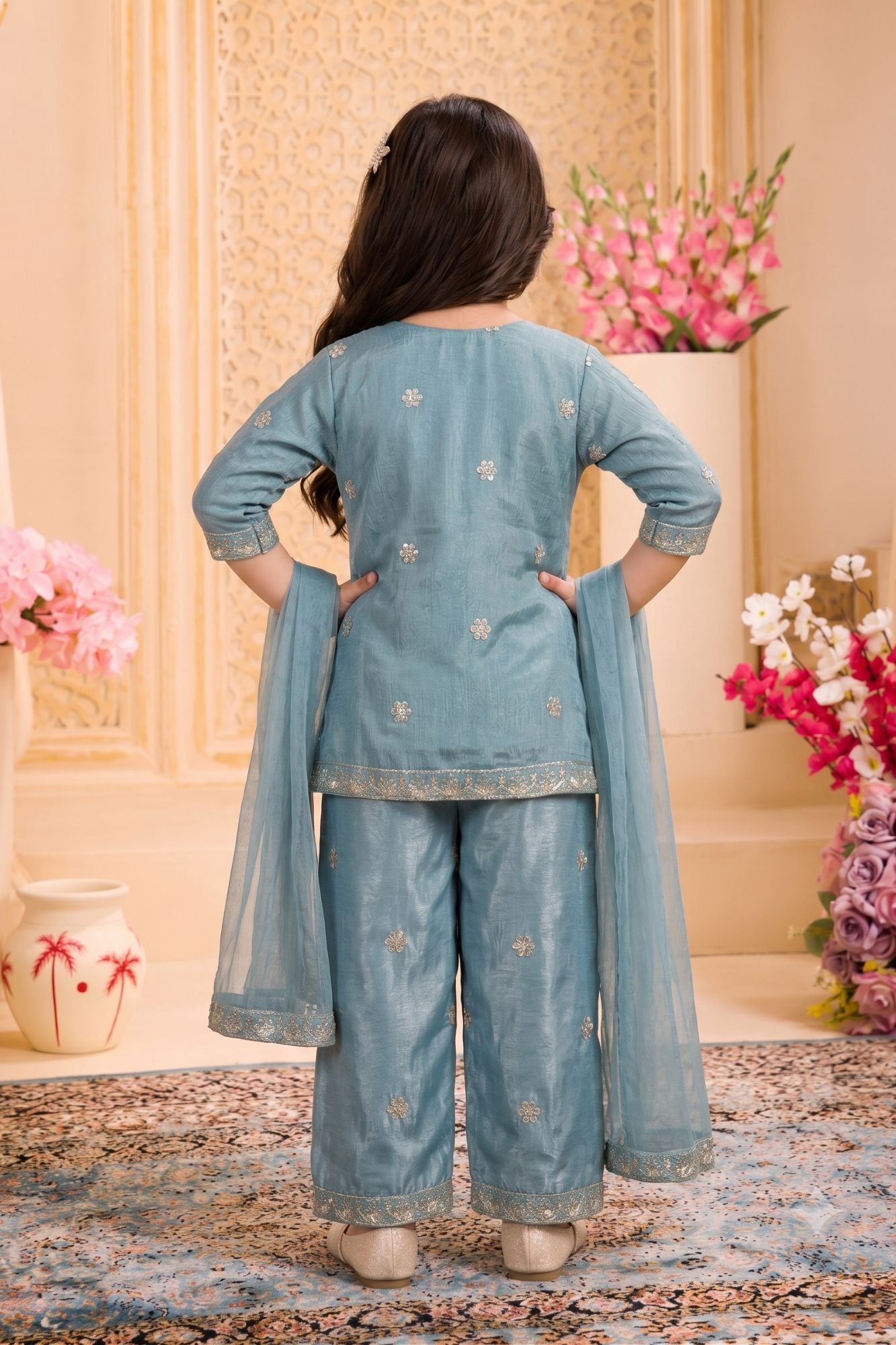 Aqua Blue Delicate Floral Vine Embroidered Palazzo Set with Dupatta