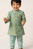 Elegant Sea Green Floral Embroidered Sherwani Set For Boys
