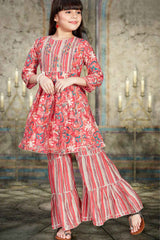 Peach Floral Printed And Embroidered Sharara Set For Girls