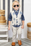 Blue Shirt And Pant Set With Overcoat And Bow For Boys
