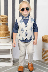 Blue Shirt And Pant Set With Overcoat And Bow For Boys