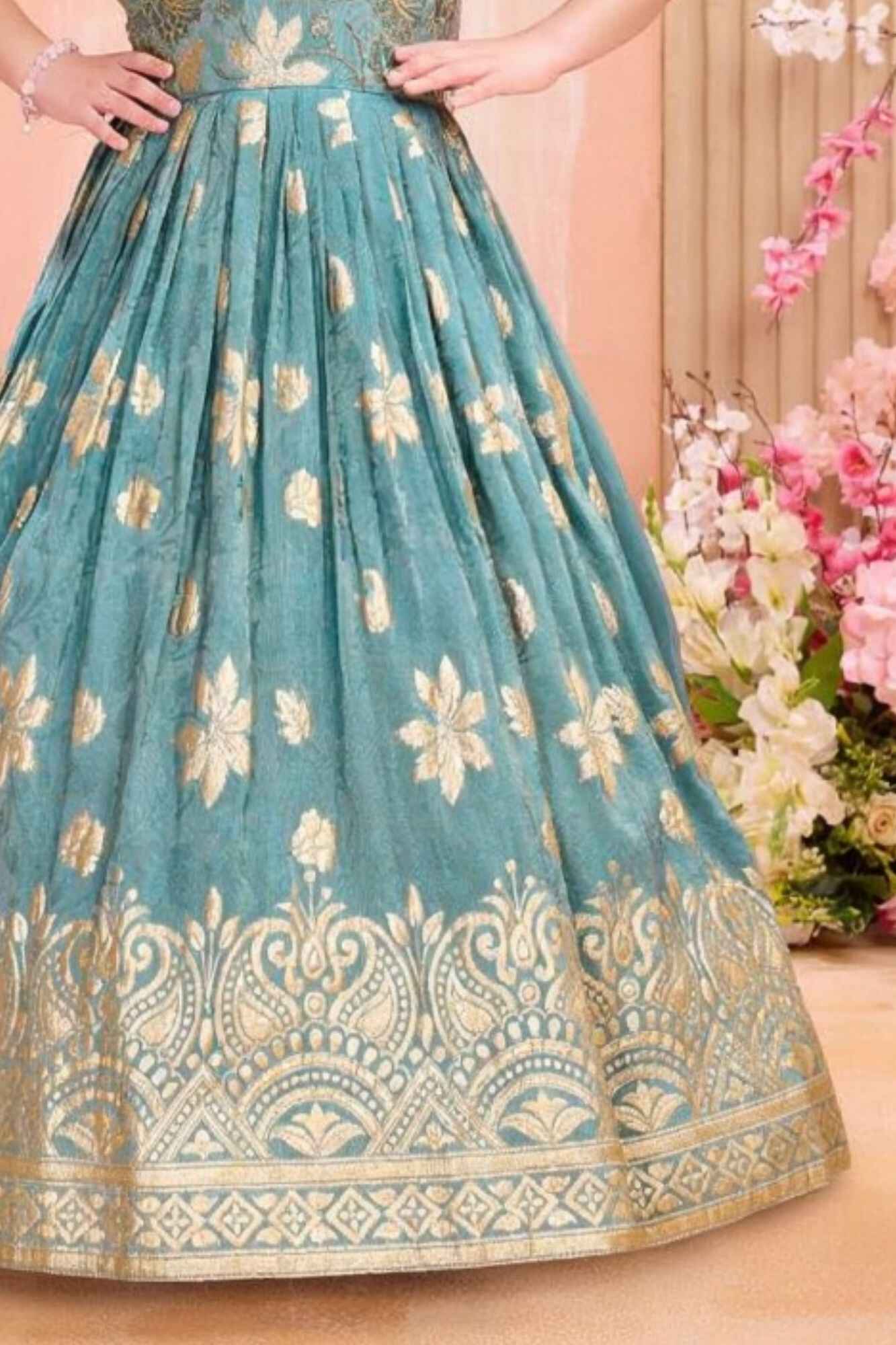 Blue Floral Brocade Ethnic Gown For Girls