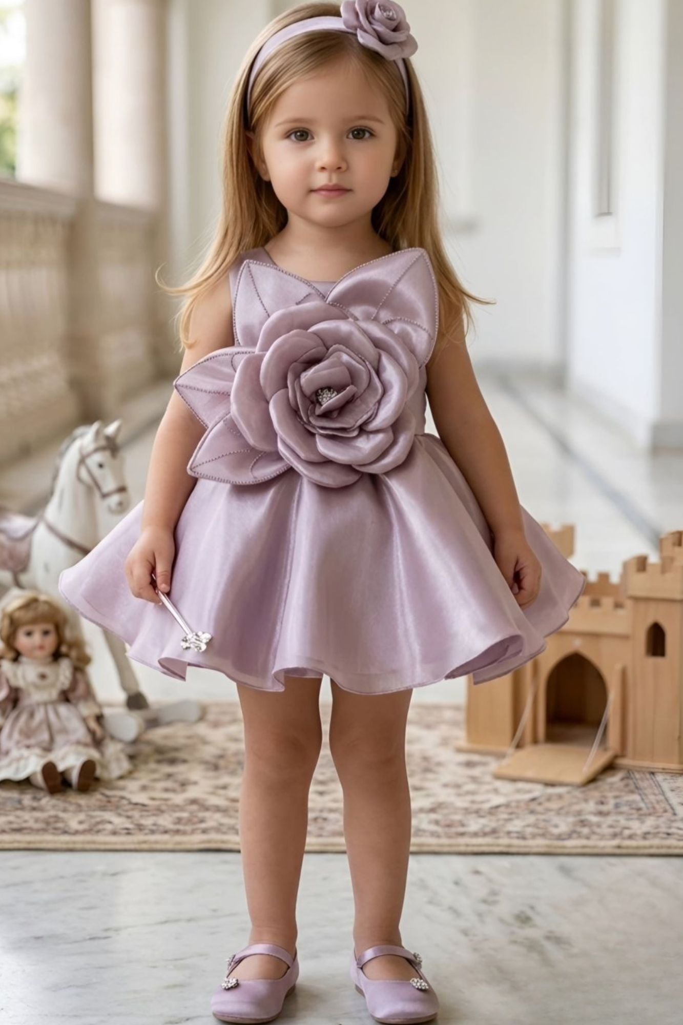 Onion Pink 3D Floral Party Wear Frock for Girls