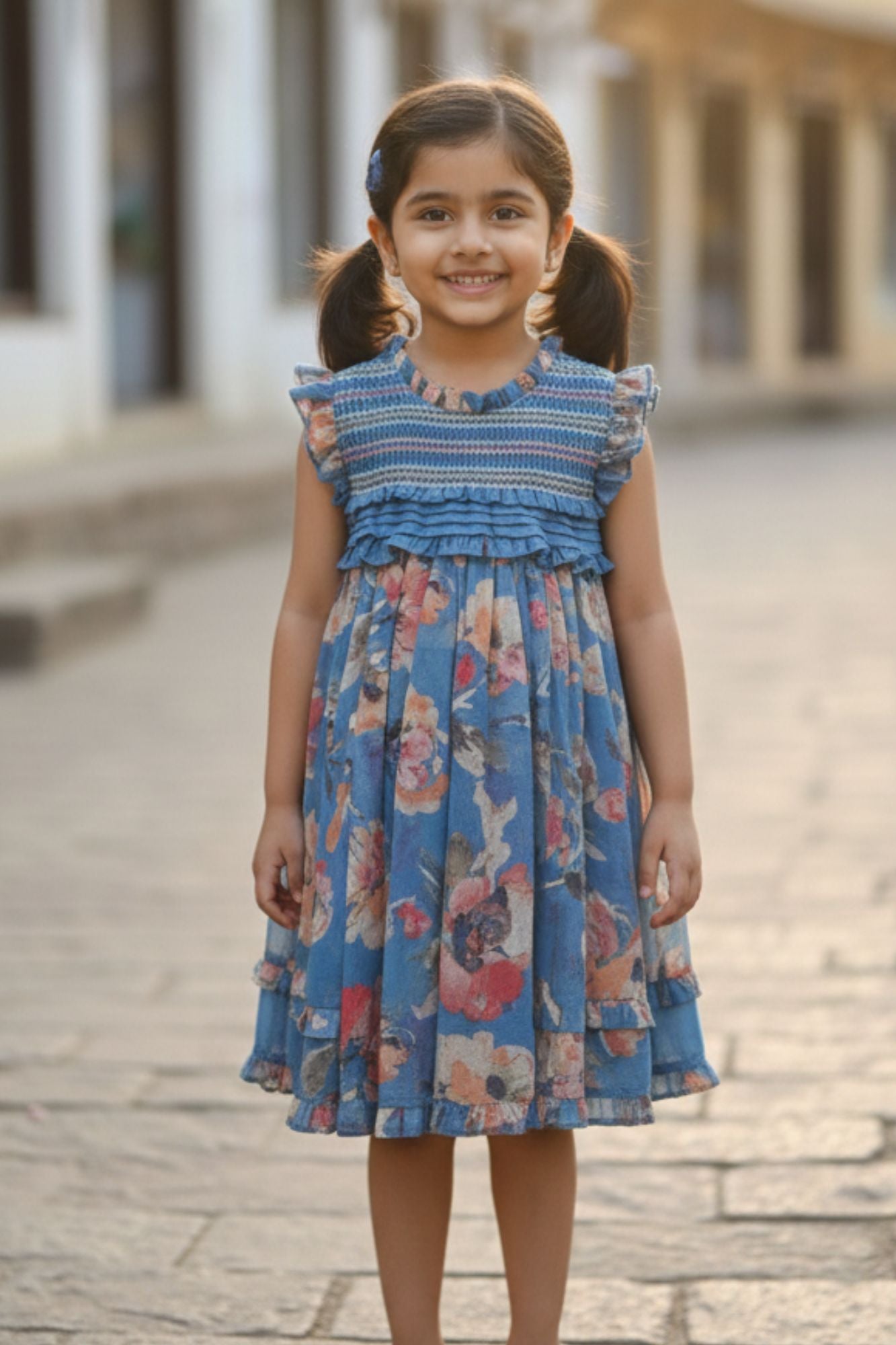 Blue Floral Printed Cotton Frock with Ruffle Yoke For Girls