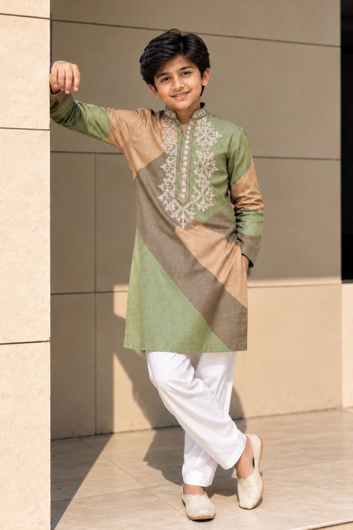 Boys Ethnic Sage Green And Brown Geometric Embroidered Kurta Pajama Set