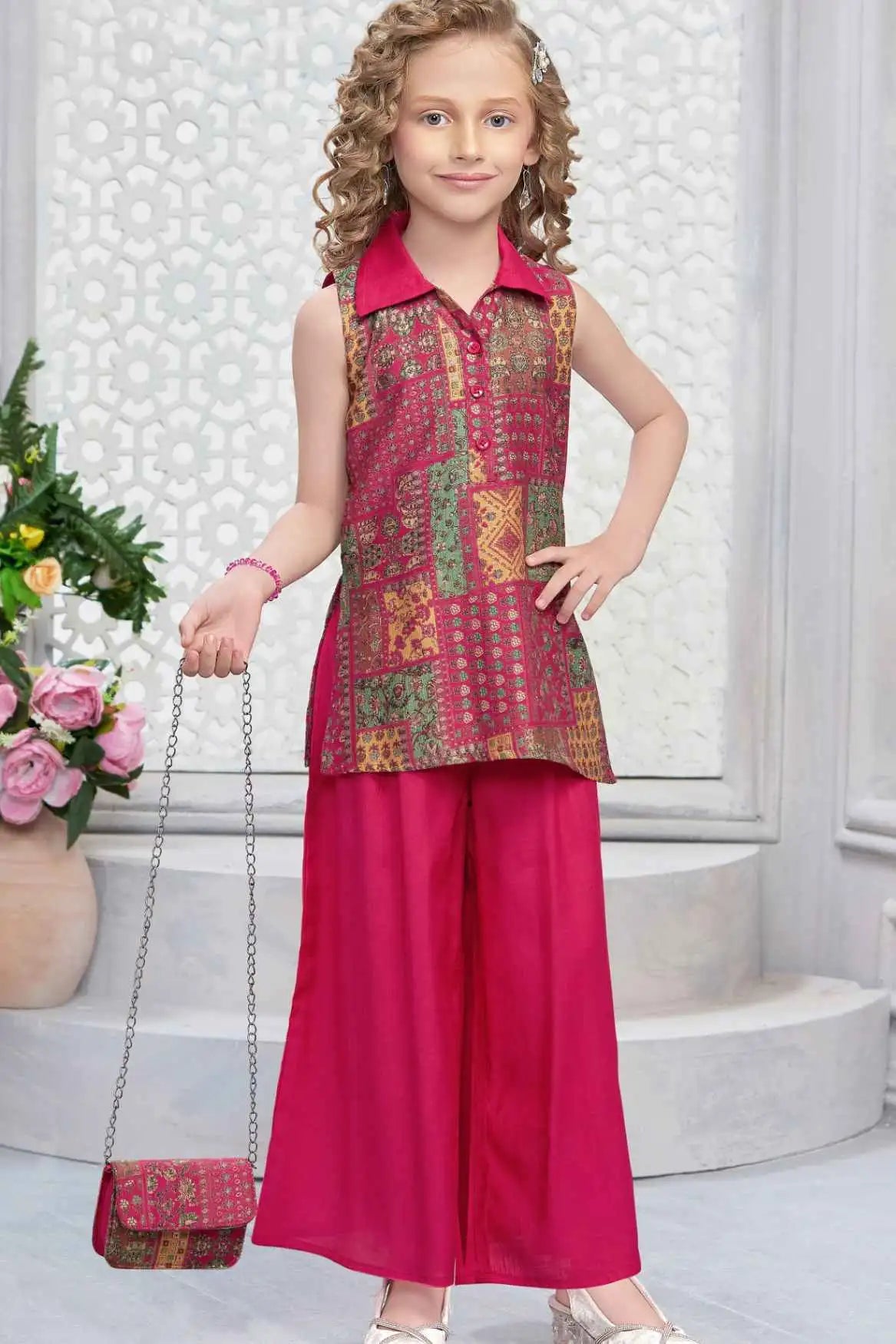 Rani Pink Palazzo Set with Ethnic Printed Top And Sling Bag For Girls