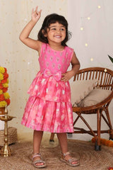 Pink Sleeveless Chanderi Silk Printed With Bow Embellishment Frock For Girls