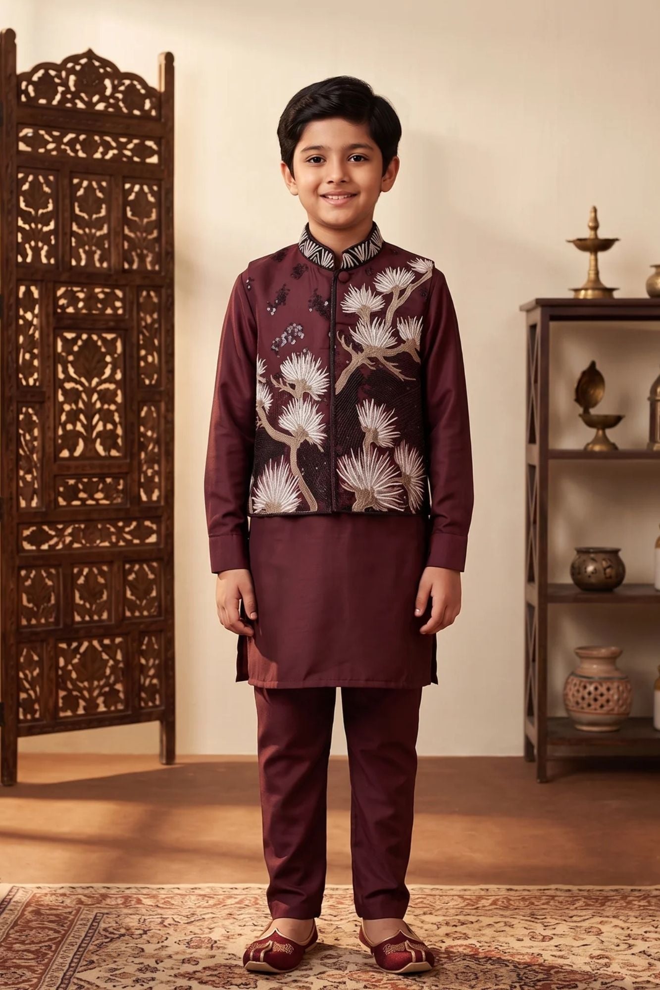 Boys Maroon Floral Embroidered And Sequin Embellished Kurta Set with Nehru Jacket