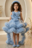 Girls Blue Party Frock with 3D Floral Detail and Layered Tulle