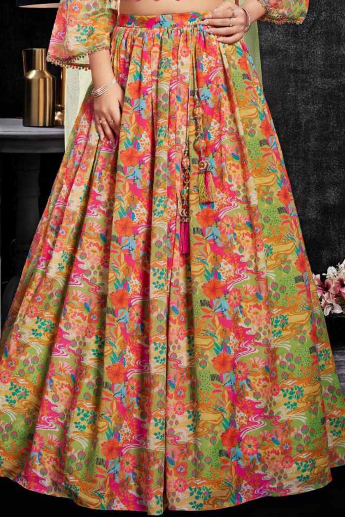 Green Floral Printed Lehenga Choli Set with Dupatta