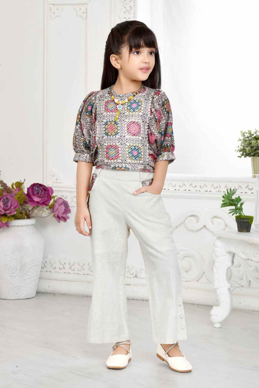 Multicolor Embroidered Top With Cream Bottom Set For Girls