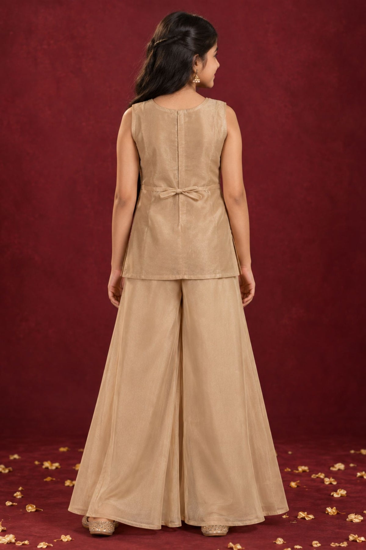 Champagne Sequin Gold Embellished Palazzo Set with Dupatta For Girls