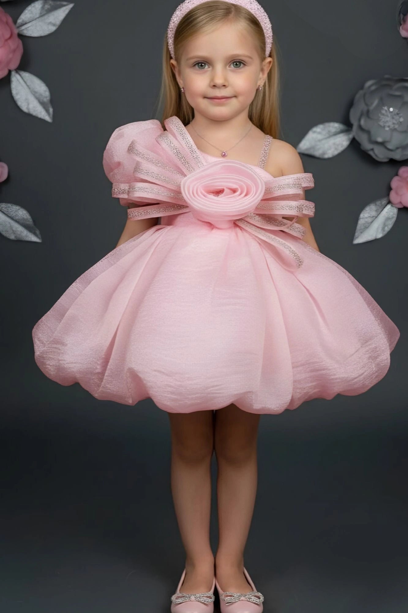 Pink Party Frock with 3D Rosette Bow For Girls