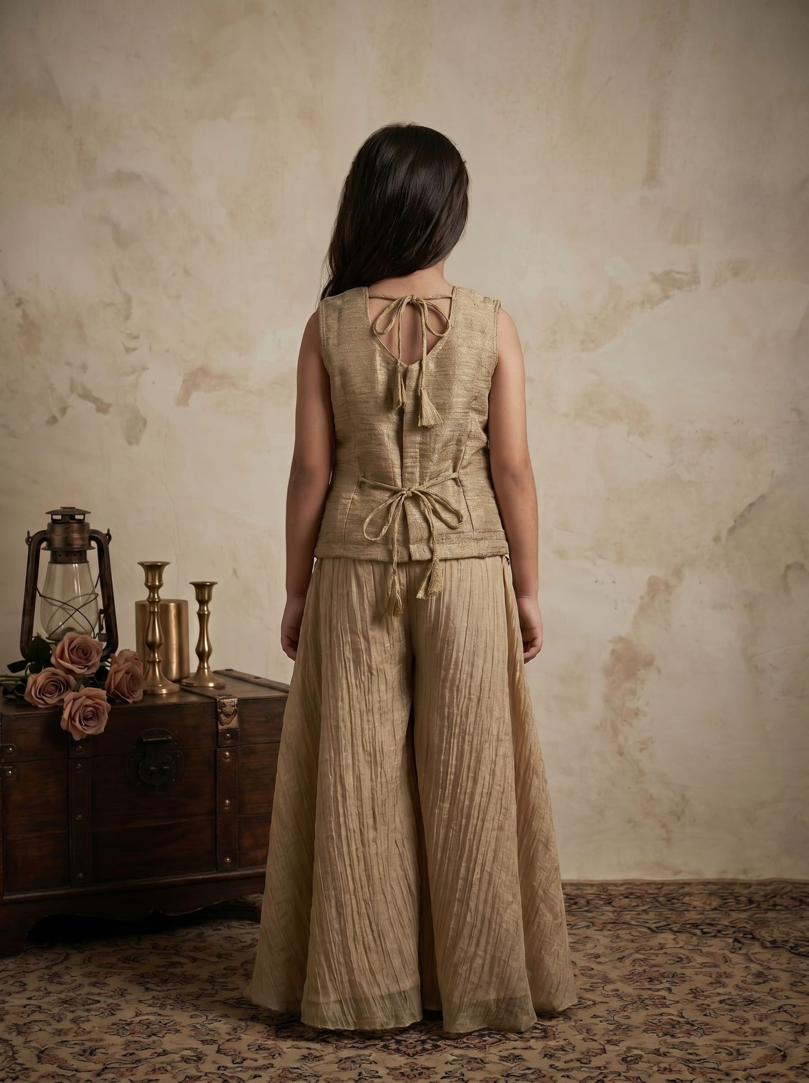 Girls Gold Embroidered Palazzo Set with Dupatta