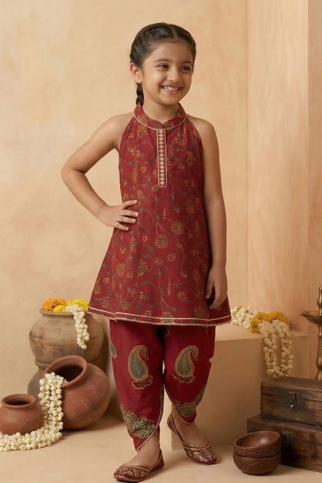 Girls Maroon Printed Kurti with Dhoti Pants Set