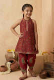 Girls Maroon Printed Kurti with Dhoti Pants Set