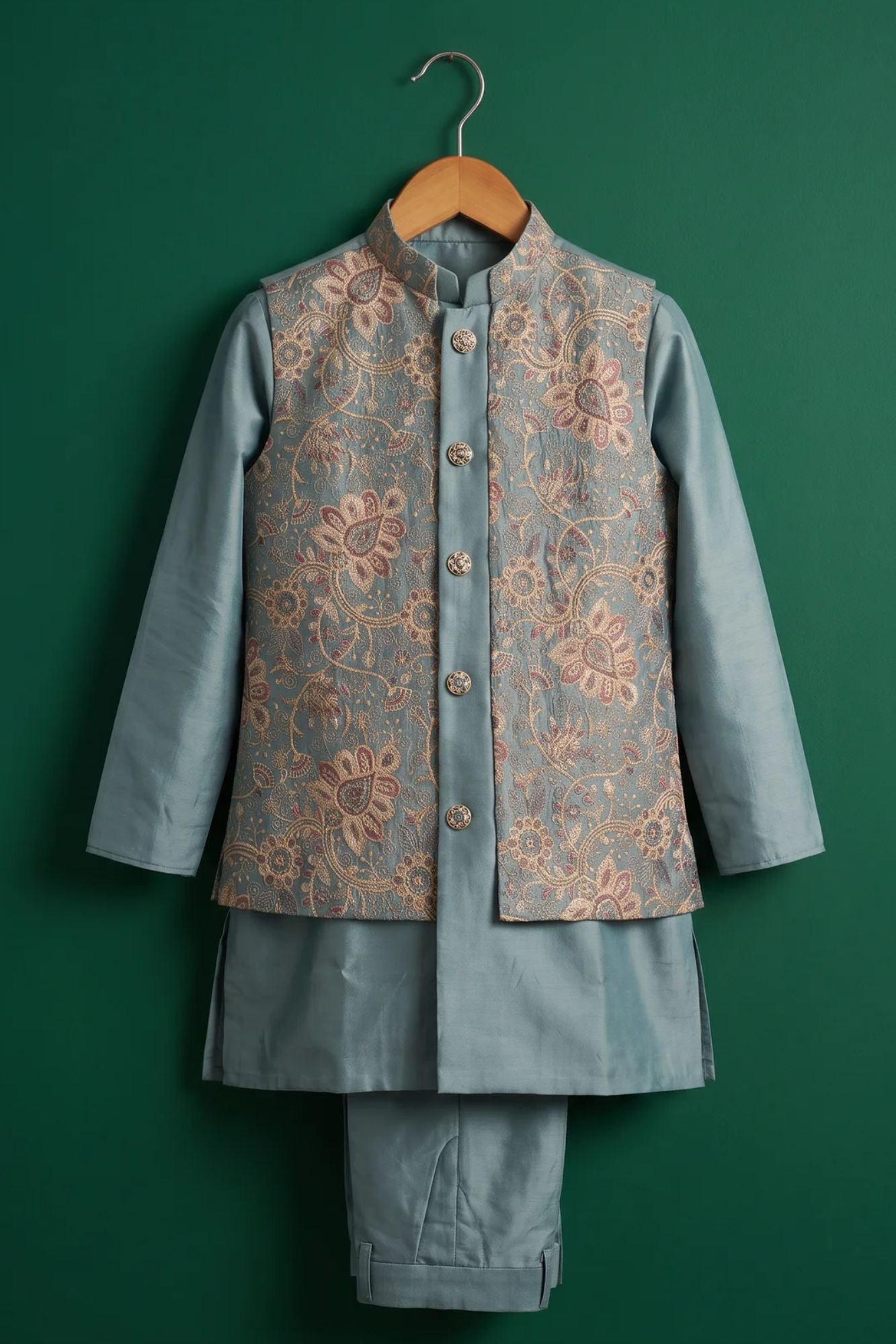 Boys Dusty Blue Floral And Paisley Embroidered Kurta Set With Nehru Jacket