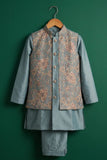 Boys Dusty Blue Floral And Paisley Embroidered Kurta Set With Nehru Jacket