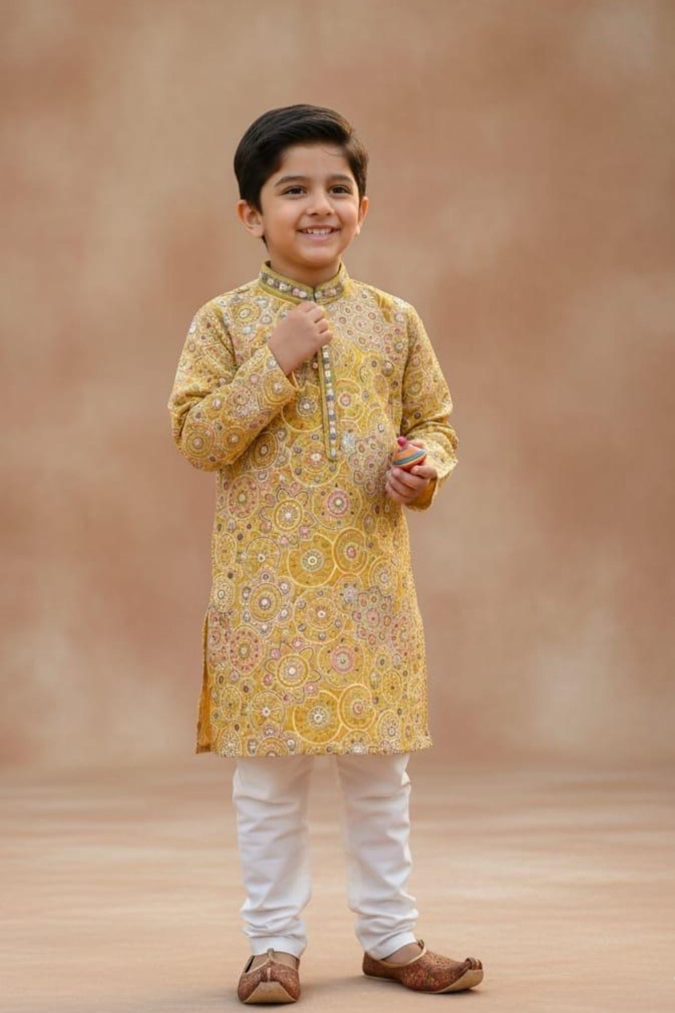 Boys Mustard Yellow Printed Kurta Set with White Pajama