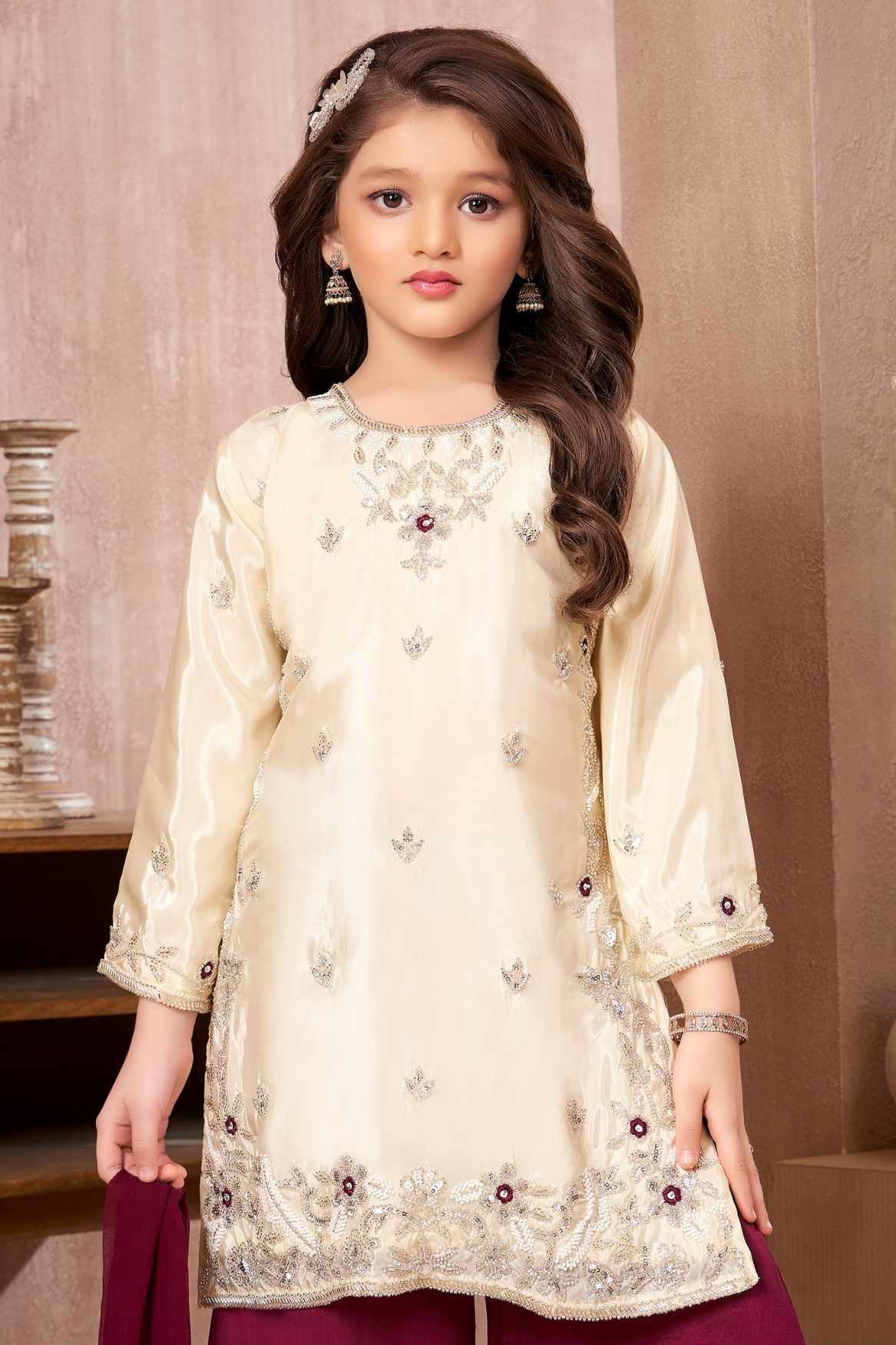 Cream Embroidered Kurti Wine Palazzo Set with Dupatta for Girls