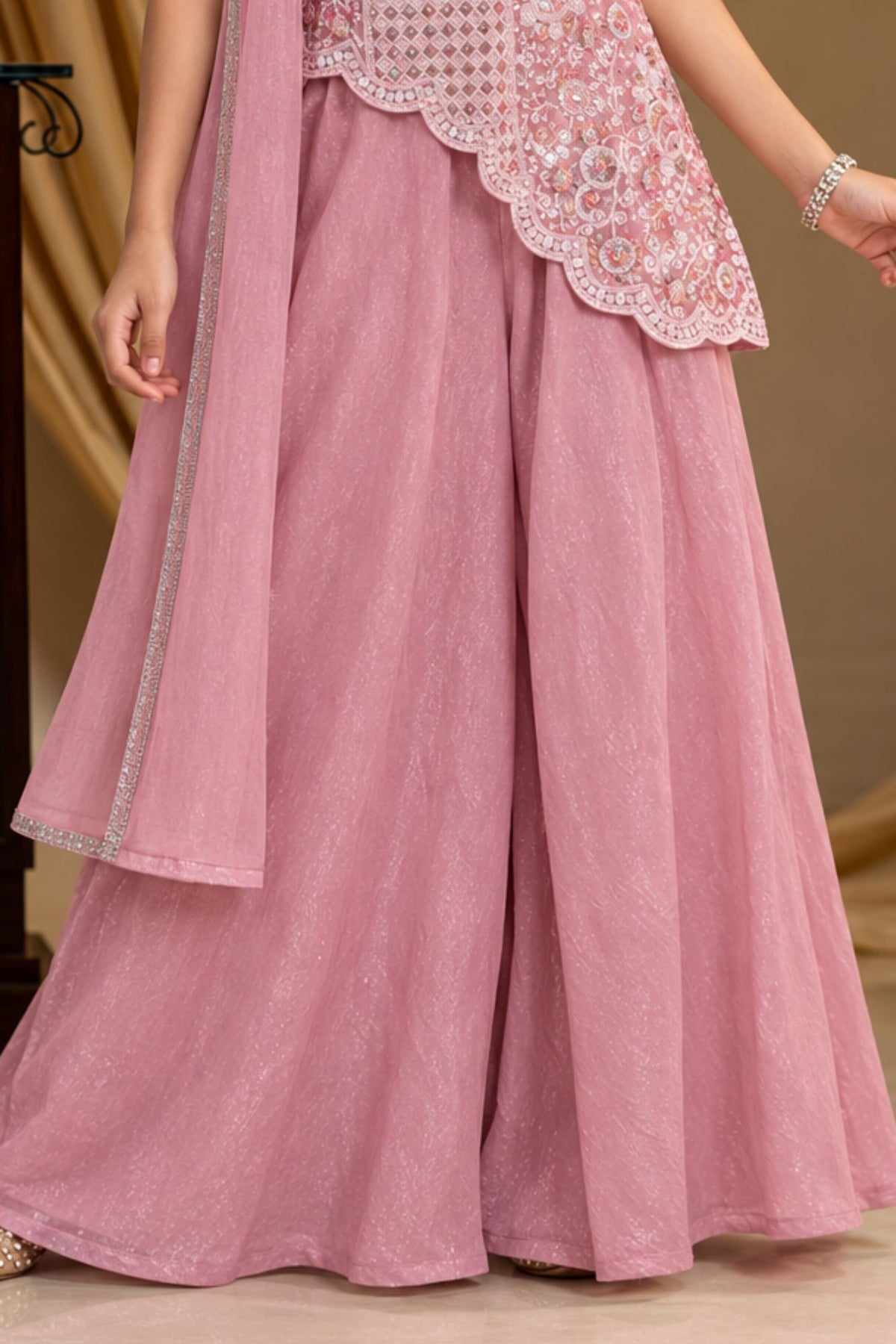 Girls Pink Sequin Embroidered Asymmetric Palazzo Set With Dupatta