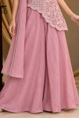 Girls Pink Sequin Embroidered Asymmetric Palazzo Set With Dupatta