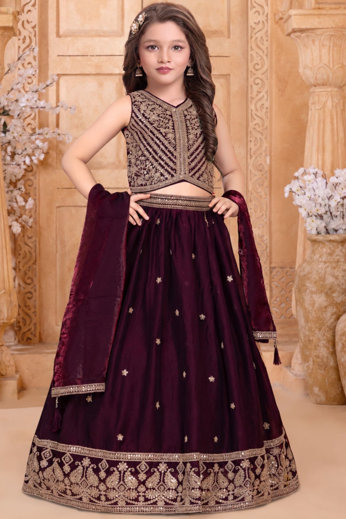 Girls Wine Embroidered Lehenga Choli Set With Dupatta