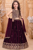 Girls Wine Embroidered Lehenga Choli Set With Dupatta