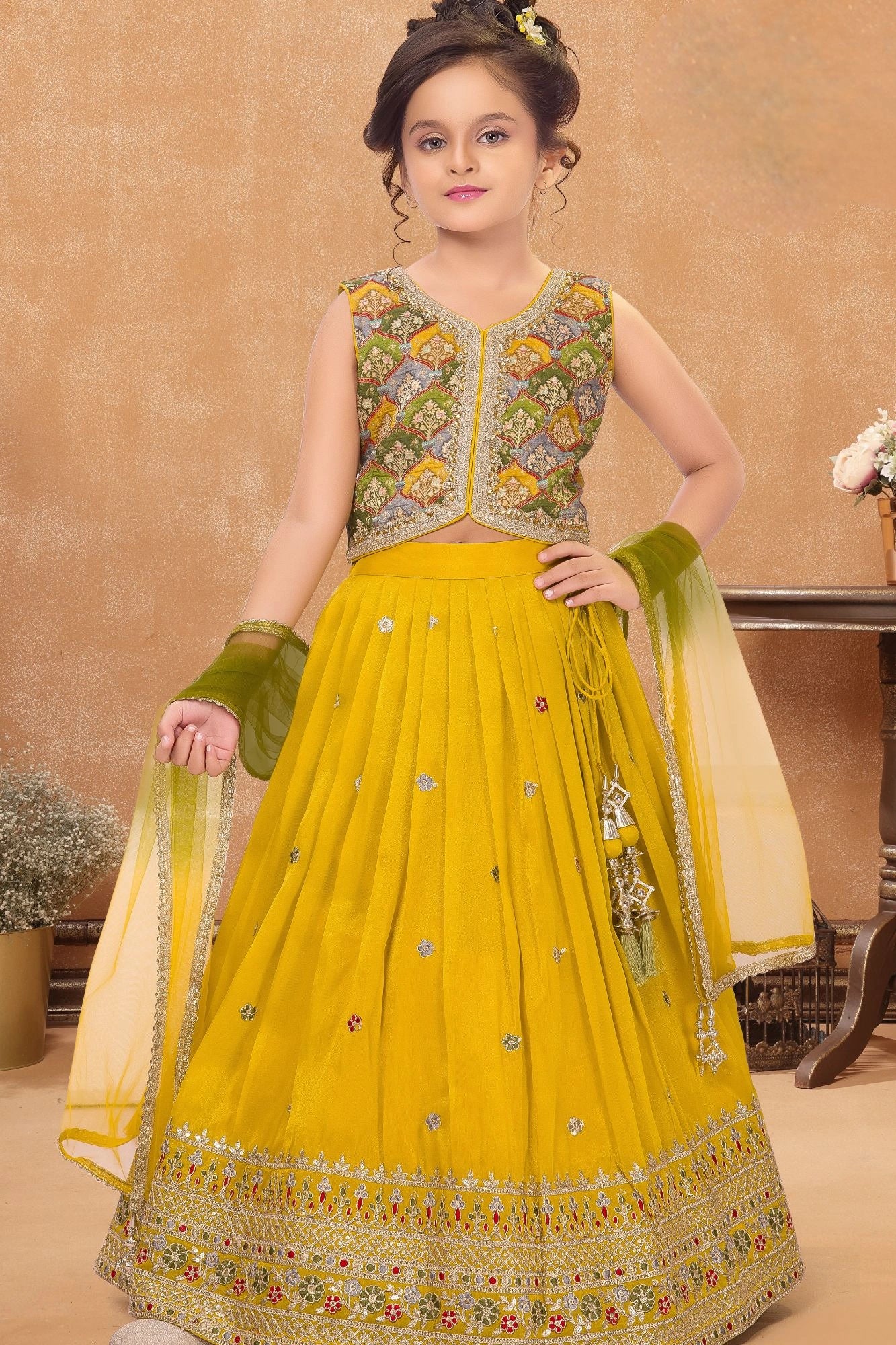 Mustard Yellow Embroidered Lehenga Choli Set For Girls