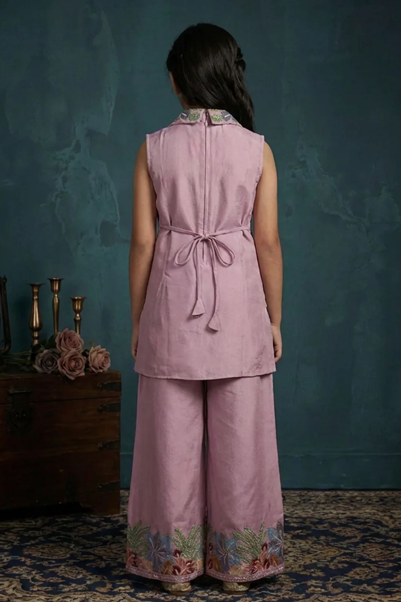 Pink Floral Embroidered Plazzo Set For Girls