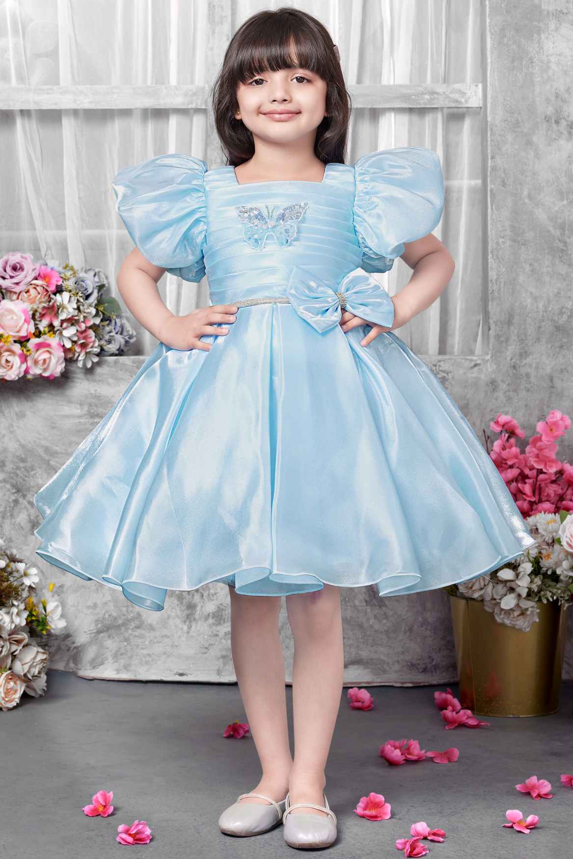 Sky Blue Puff-Sleeve Party Frock With Butterfly Embellishment For Girls