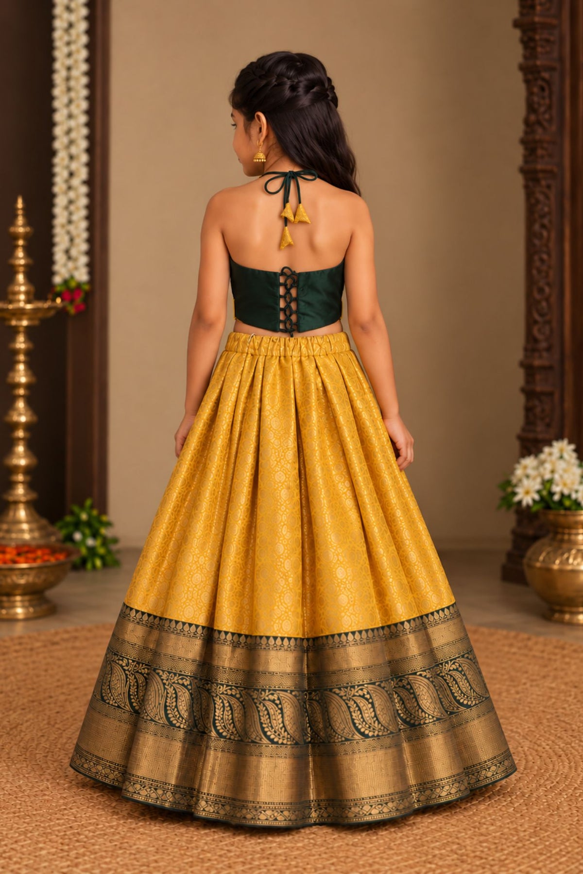 Bottle Green And Mustard Gold Embroidered Pattu Pavadai Set for Girls