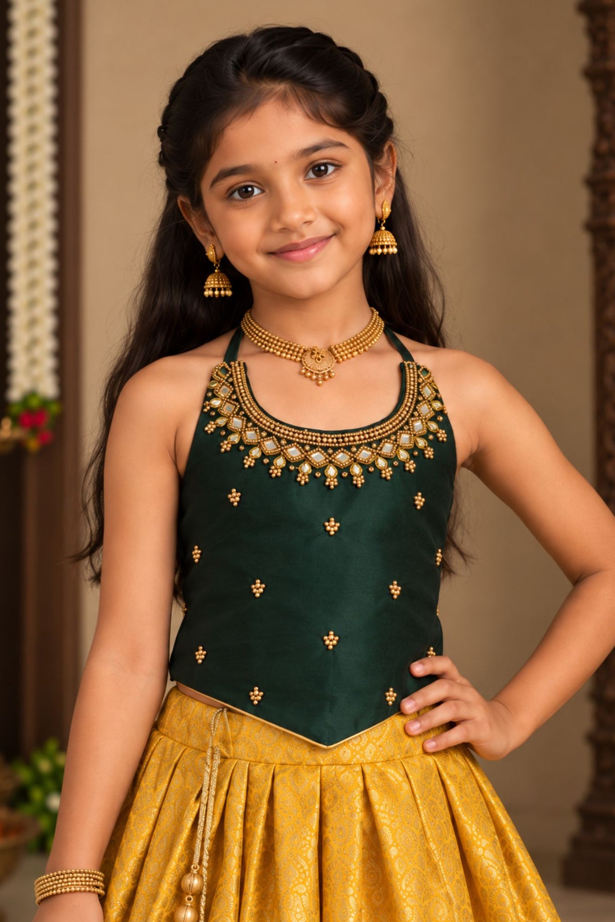 Bottle Green And Mustard Gold Embroidered Pattu Pavadai Set for Girls