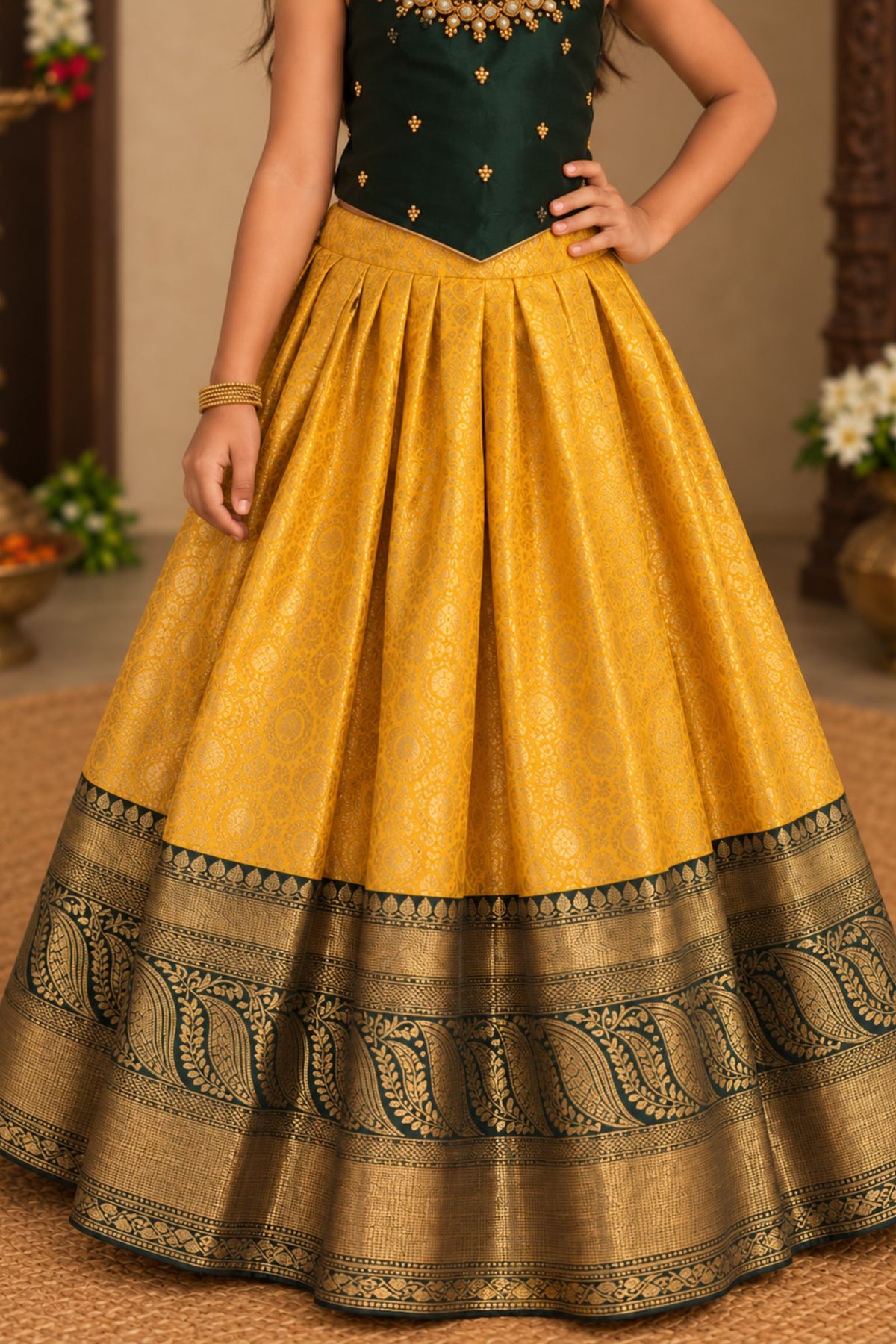 Bottle Green And Mustard Gold Embroidered Pattu Pavadai Set for Girls