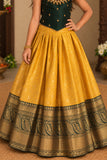 Bottle Green And Mustard Gold Embroidered Pattu Pavadai Set for Girls