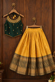 Bottle Green And Mustard Gold Embroidered Pattu Pavadai Set for Girls