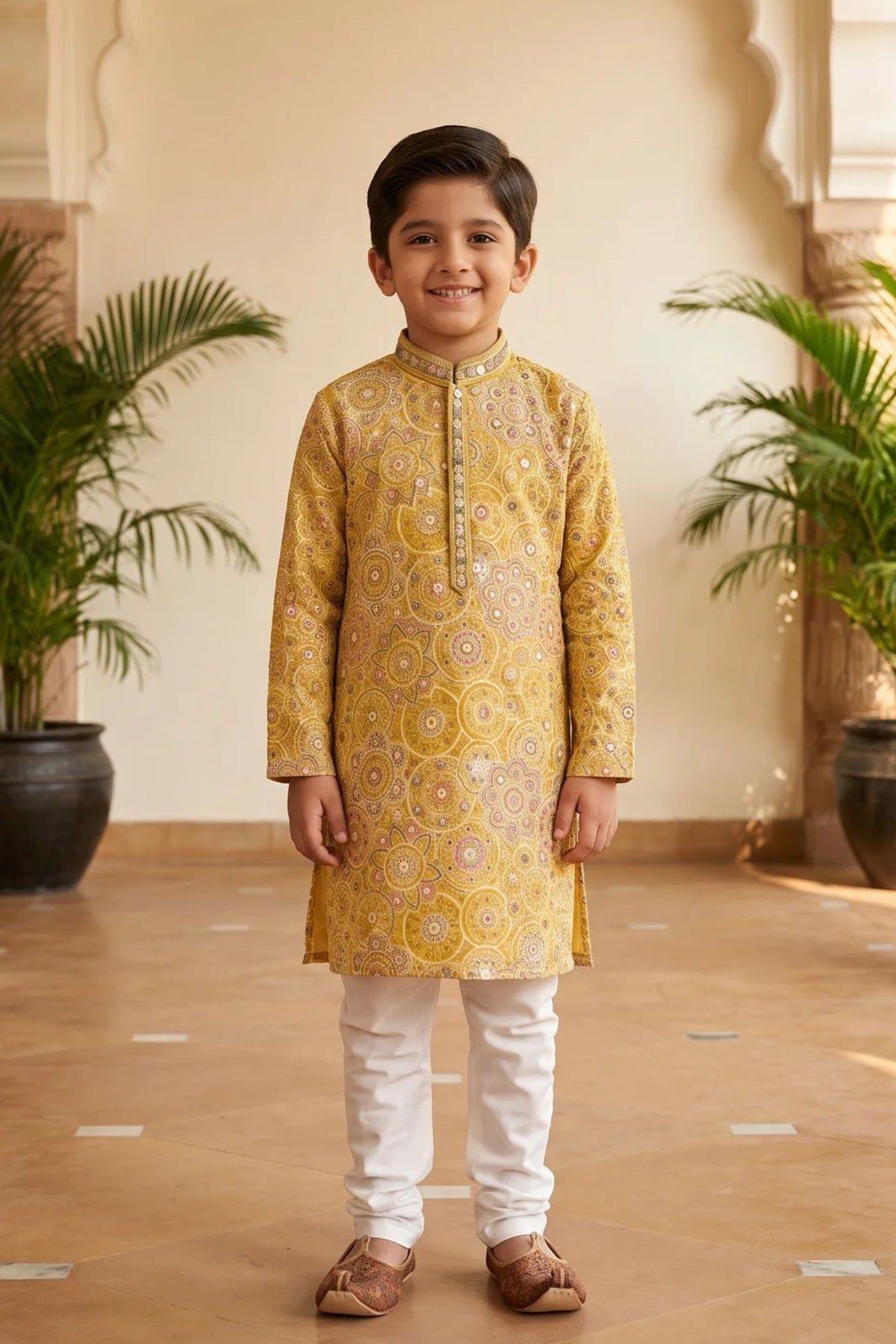 Boys Mustard Yellow Printed Kurta Set with White Pajama