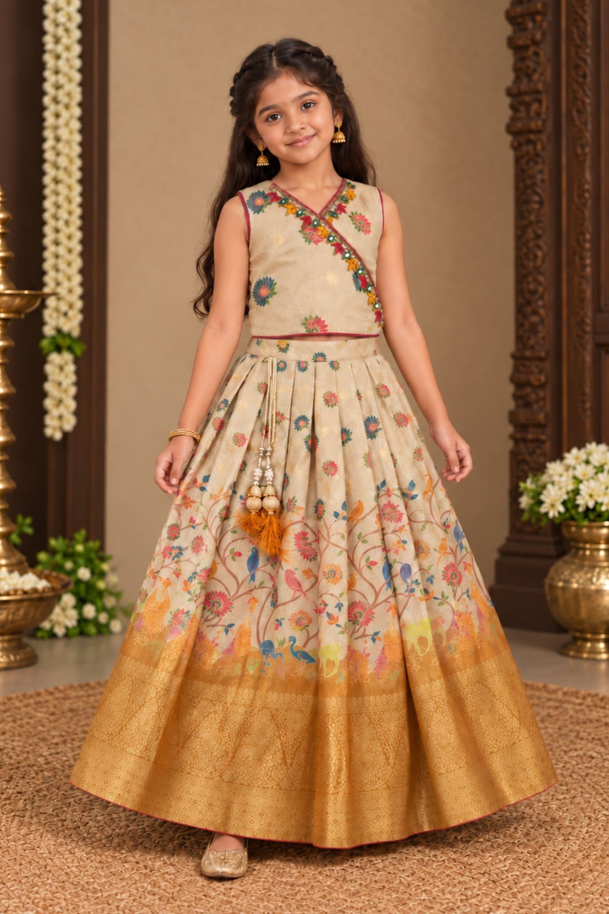 Cream And Gold nature-inspired Printed Pattu Pavadai Set for Girls
