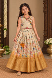 Cream And Gold nature-inspired Printed Pattu Pavadai Set for Girls