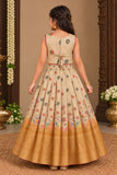 Cream And Gold nature-inspired Printed Pattu Pavadai Set for Girls
